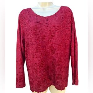 Rafael Textured Crinkle Velvet Floral Top XL  Deep‎ Red Long Sleeve Blouse